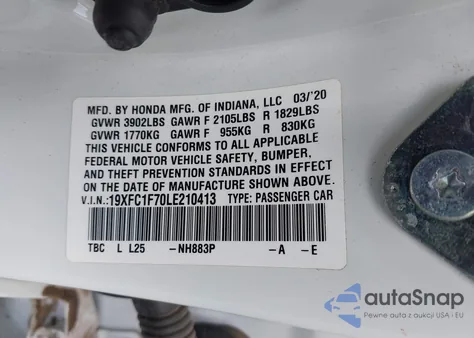 2020 Honda Civic Ex-L z USA, uszkodzony, nr VIN 19XFC1F70LE210413